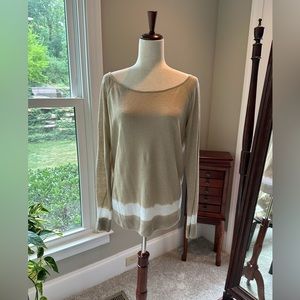 Lightweight Theory long-sleeved boatneck sweater. Beige linen blend.